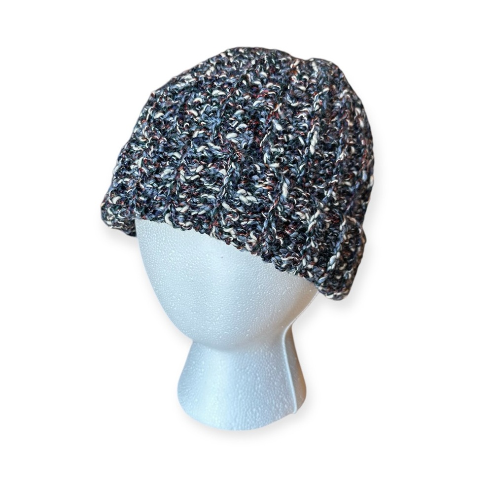 New Handmade Crochet Texture Beanie Fold over Hat Fall Navy Blue White Speckled